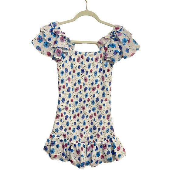 LoveShackFancy Kodie Dress Smocked Flutter Sleeve Blue Printed  L - Picture 8 of 12